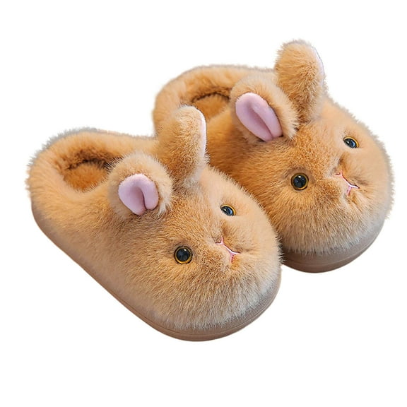 WhouRiu Big Girls Slippers Fuzzy Character-Head Warm Soft Sole Scuff Slipper Kids Thermal Winter Home Indoor Shoes Beige Big Kids14.5