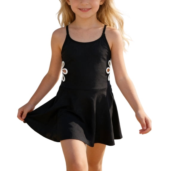 WhouRiu Big Girls' Swimsuit Floral Prints One Piece Cut Out Dress Child Stylish Hot Spring Seaside Beach Swimwear Black,Size 7-8 Y