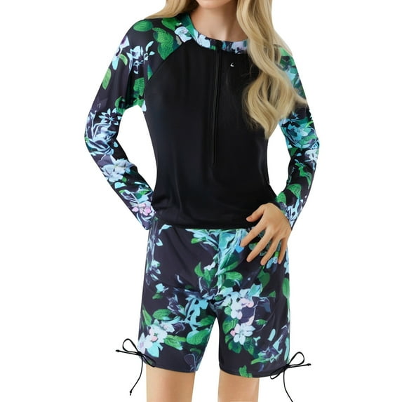 WhouRiu Big Girls' Swimwear Set UPF 50+ Sun Long Sleeve Floral Print Bathing Suit Kids Beach Pool Summer Swimming Outfit Black,Size 12-13 Y