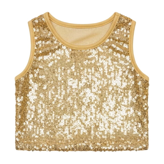 WhouRiu Big Girls T Shirt Stretch Sequin Dancewear Sleeveless Top Children Holiday Stage Show Tshirts Yellow,Sized 7-8