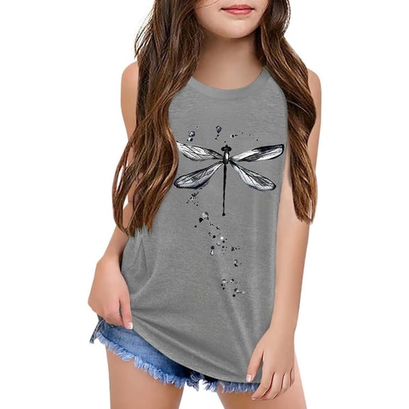 WhouRiu Big Girls' T Shirts Animal Pattern Sleeveless Tank Tops Kids Fashion Loose Comfy Tshirts Gray,Sizes 9-10