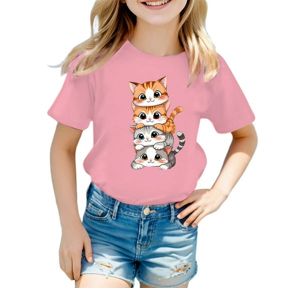 WhouRiu Big Girls' T Shirts Cute Cat Printed Short Sleeve Tee Tops Child Casual Loose Basic Tees Pink,Sizes 9-10