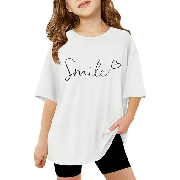 WhouRiu Big Girls' T Shirts Letter Printed Short Sleeve T Shirts Child Loose Casual Clothes White,Sizes 11-12
