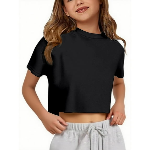 WhouRiu Big Girls' T Shirts Solid Short Sleeve Crop Tops Children Comfy Fashion Tee Clothes Black,Sizes 9-10