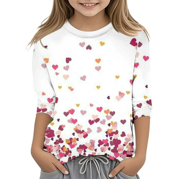 WhouRiu Big Girls T Shirts Valentine'S Day Love Print 3/4 Quarter Sleeve Tops Kids Summer Tshirts White,Sizes 9-10