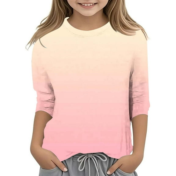 WhouRiu Big Girls' Tshirts Gradient Print 3/4 Quarter Sleeve T Shirt Kids Summer Casual Thin Top Pink,Sizes 13-14