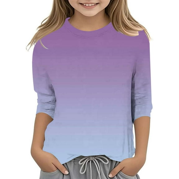 WhouRiu Big Girls' Tshirts Gradient Print 3/4 Quarter Sleeve T Shirt Kids Summer Casual Thin Top Purple,Sizes 7-8