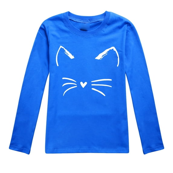 WhouRiu Big Girls Tshirts Long Sleeve Cartoon Cat Prints Tee Tops Kids Soft Autumn T Shirt Blue,Sizes 8-9