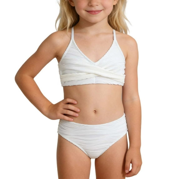 WhouRiu Big Girls' Two Piece Swimsuits Solid Strappy Bikini Set Child Stylish Pool Board Cozy Beachwear Bathing Suits White,Size 13-14 Y