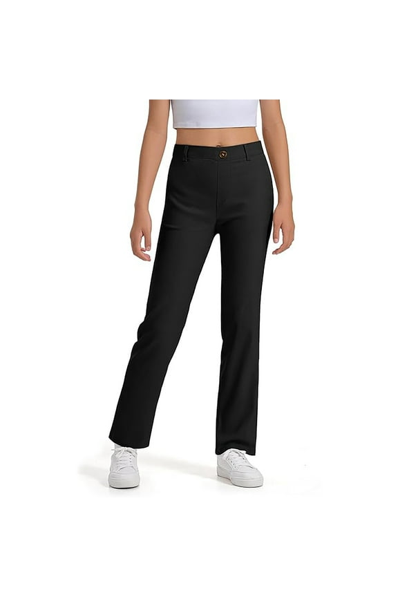 Big Girls' Uniform Pants Flat Front High Waist Straight Leg Pants Children Active Athletic School Wear Trousers Black,Sized 9-10
