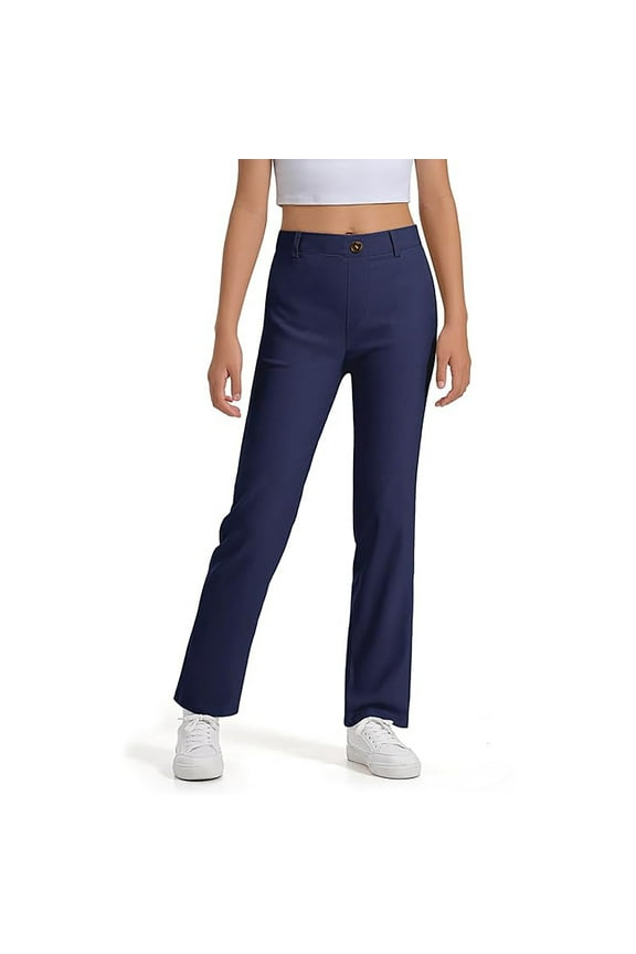 Big Girls' Uniform Pants Flat Front High Waist Straight Leg Pants Children Active Athletic School Wear Trousers Blue,Sized 7-8