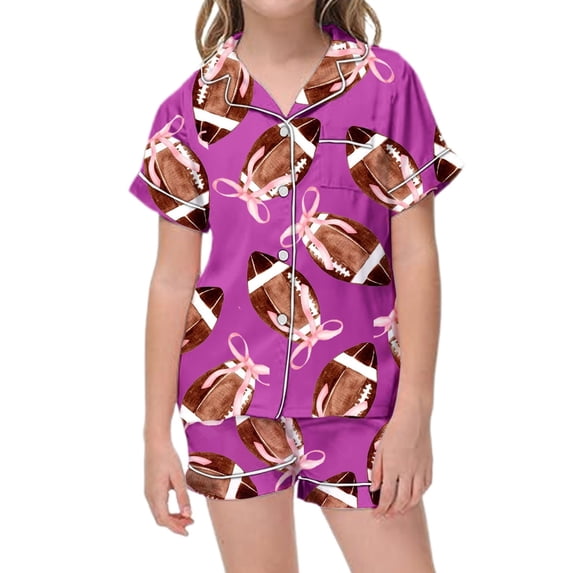 WhouRiu Football Graphic Pajamas For Girls Short Sleeve Button Down Shirts Shorts Pajama Set Cute Sleepwear