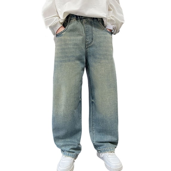 WhouRiu Boys Baggy Wide Leg Denim Pants Back To School Elastic Waist Casual Trousers Kids Outdoor Comfortable Fashion Jeans With Pockets,5-6 Years