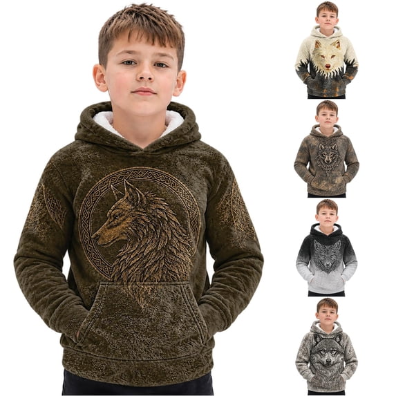 WhouRiu Boys Casual Hooded Sweatshirts Kids Fall Winter Wolf Graphic Warm Pullover Hoodies