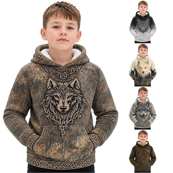 WhouRiu Boys Casual Hooded Sweatshirts Kids Fall Winter Wolf Graphic Warm Pullover Hoodies