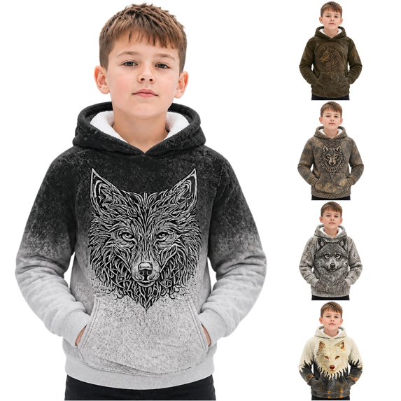 WhouRiu Boys Casual Hooded Sweatshirts Kids Fall Winter Wolf Graphic Warm Pullover Hoodies