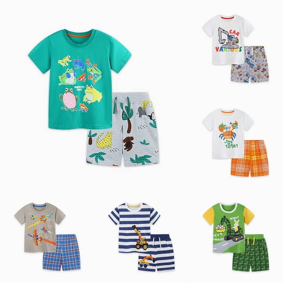 WhouRiu Boys Casual Outfits Short Sleeve Cartoon Graphic Tees And Shorts Sets Kids Summer Clothes