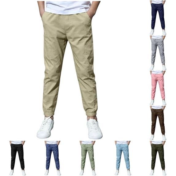 WhouRiu Boys Casual Pants Solid Color Loose Elastic Waist Straight Leg Trousers Kids Lightweight Breathable Everyday Wear,8-9 Years