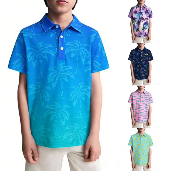 WhouRiu Boys Casual Short Sleeve Graphic Polos Summer Tennis Collar Shirts Kids Polo Shirt 3-14 Years