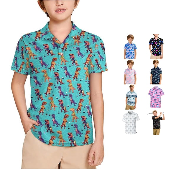 WhouRiu Boys Casual Short Sleeve Graphic Polos Summer Tennis Collar Shirts Kids Polo Shirt 3-14 Years