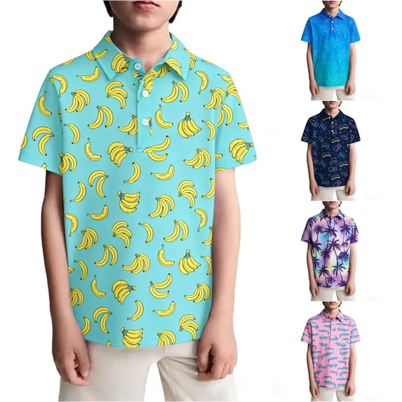 WhouRiu Boys Casual Short Sleeve Graphic Polos Summer Tennis Collar Shirts Kids Polo Shirt 3-14 Years