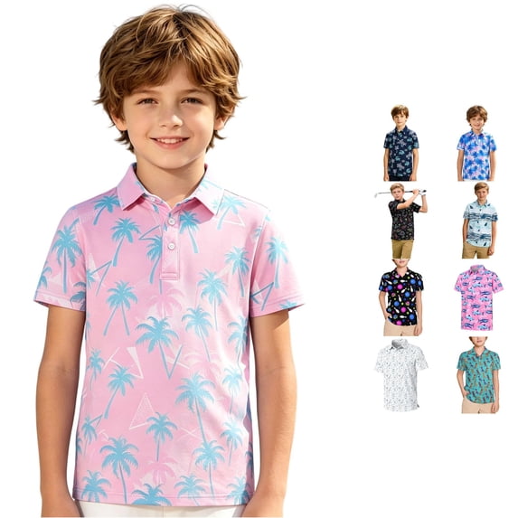 WhouRiu Boys Casual Short Sleeve Graphic Polos Summer Tennis Collar Shirts Kids Polo Shirt 3-14 Years