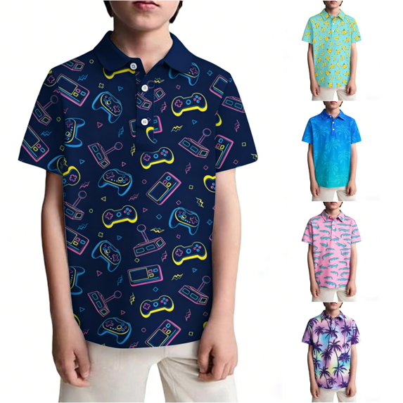 WhouRiu Boys Casual Short Sleeve Graphic Polos Summer Tennis Collar Shirts Kids Polo Shirt 3-14 Years