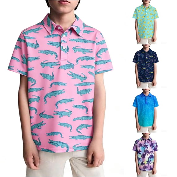 WhouRiu Boys Casual Short Sleeve Graphic Polos Summer Tennis Collar Shirts Kids Polo Shirt 3-14 Years
