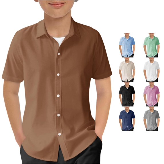 WhouRiu Boys Casual Solid Color Shirts Back To School Short Sleeve Button Down Shirts Kids Fashion Comfortable Cute Summer Tops,13-14 Years