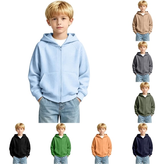 WhouRiu Boys Casual Zip Up Hoodies Solid Color Knit Ribbed Long Sleeve Hooded Sweatshirt With Pockets Kids Autumn Cozy Cute Sweatshirts,13-14 Years