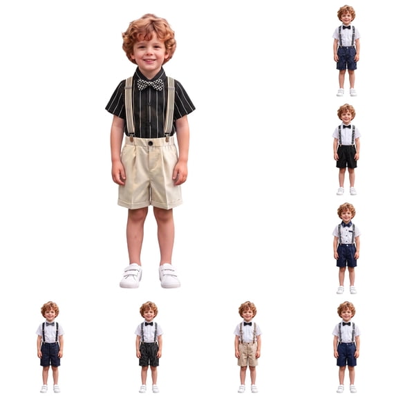 WhouRiu Boys Formal Outfits Short Sleeve Dress Shirts Suspender Pants Sets Kids Summer Party Clothes