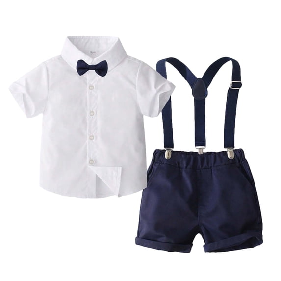 WhouRiu Boys Formal Outfits Short Sleeve Dress Shirts Suspender Shorts Sets Kids Gentleman Clothes