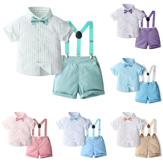 WhouRiu Boys Formal Outfits Short Sleeve Dress Shirts Suspenders Shorts Sets Baby Gentleman Clothes