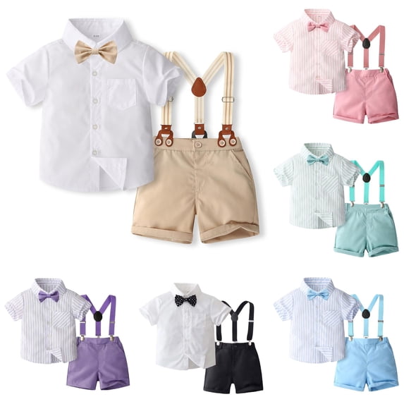 WhouRiu Boys Formal Outfits Short Sleeve Dress Shirts Suspenders Shorts Sets Baby Gentleman Clothes