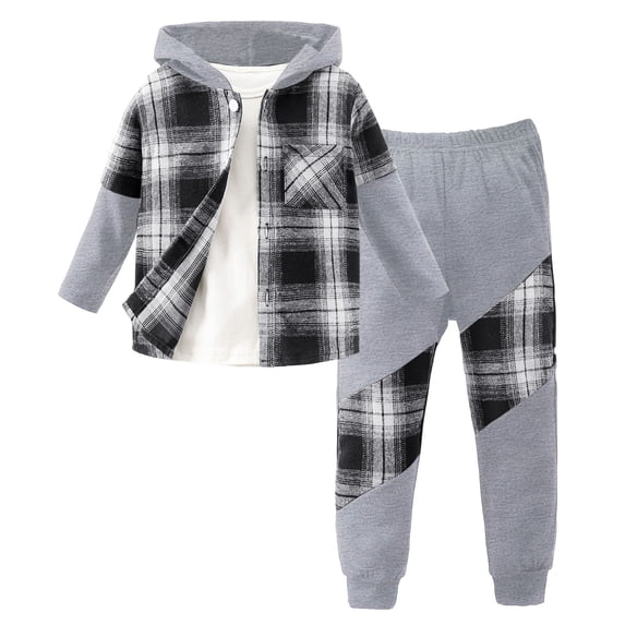 WhouRiu Boys Girls Casual Outfits Plaid Graphic Buttons Hoodies Pants Sets Kids Unisex Fall Clothes