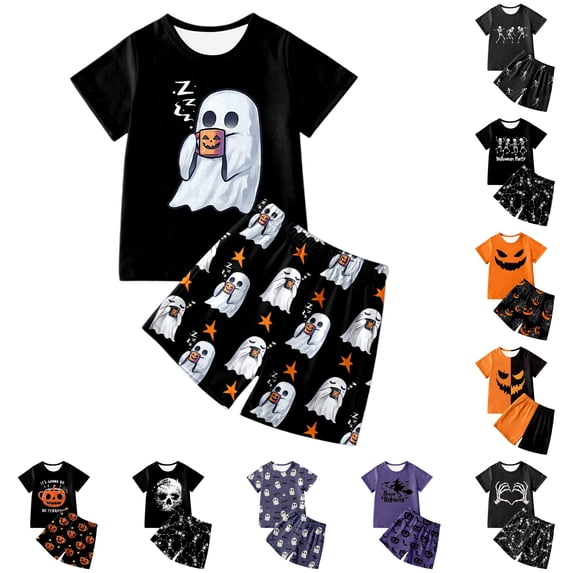 WhouRiu Boys Girls Halloween Graphic Pajamas Short Sleeve Tees Shorts Pajama Set 3-13 Years