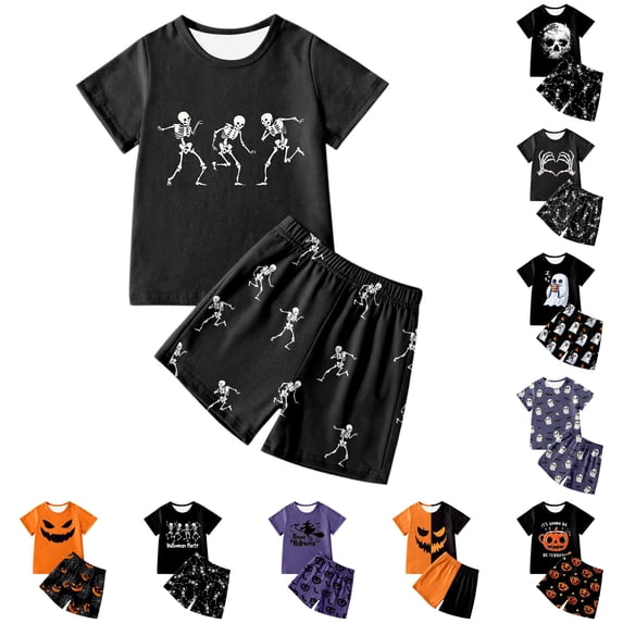 WhouRiu Boys Girls Halloween Graphic Pajamas Short Sleeve Tees Shorts Pajama Set 3-13 Years