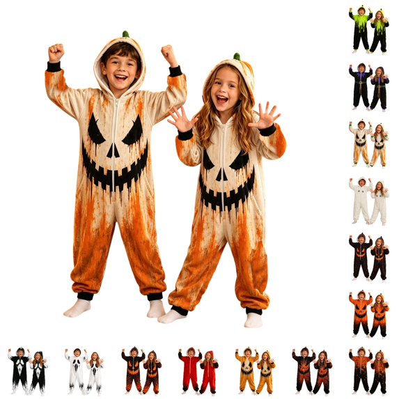 WhouRiu Boys Girls Halloween Graphic Zip Up Romper Fall Long Sleeve Cozy Warm Cute Onesies 4-14 Years