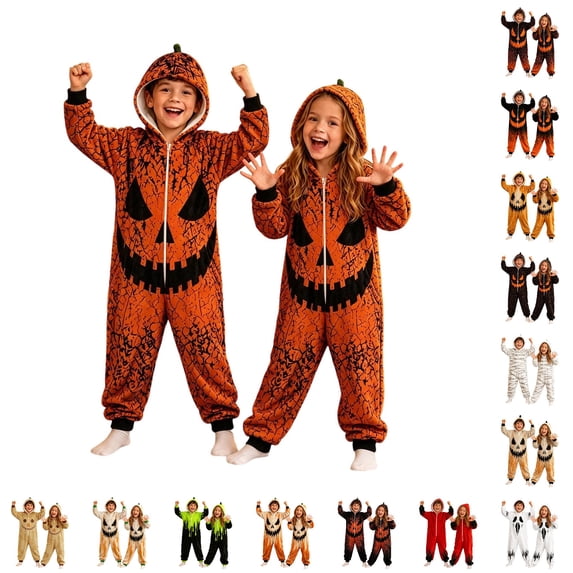 WhouRiu Boys Girls Halloween Graphic Zip Up Romper Fall Long Sleeve Cozy Warm Cute Onesies 4-14 Years