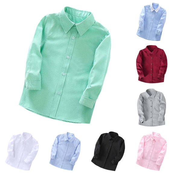 WhouRiu Boys Girls Long Sleeve Formal Shirt Fall Versatile Solid Color Button Up Shirts 3-16 Years