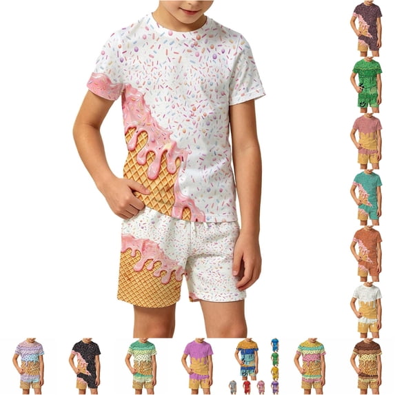 WhouRiu Boys Girls Summer Casual Outfits Kids Unisex Short Sleeve Ice Cream Graphic Tees Shorts Sets