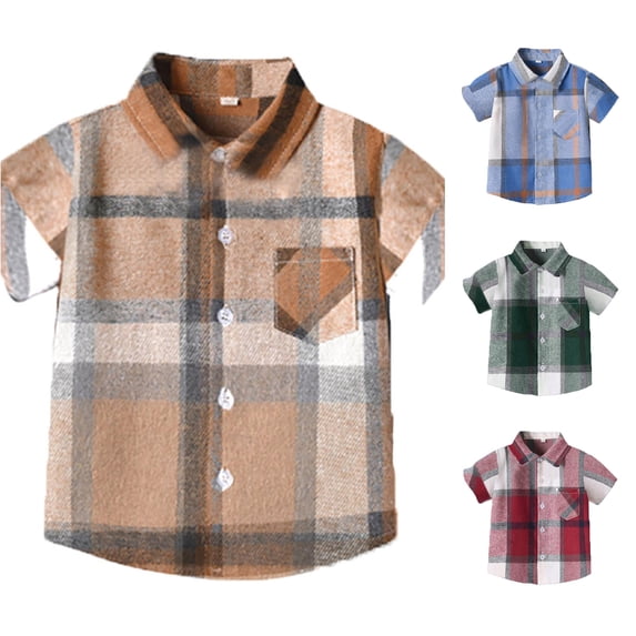 WhouRiu Boys Plaid Graphic Gentleman Shirts Back To School Short Sleeve Button Down Shirts Kids Fashion Comfortable Cute Summer Tops,12-18 Months