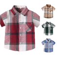 thumbnail image 1 of WhouRiu Boys Plaid Graphic Gentleman Shirts Back To School Short Sleeve Button Down Shirts Kids Fashion Comfortable Cute Summer Tops,6-7 Years, 1 of 8