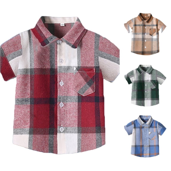 WhouRiu Boys Plaid Graphic Gentleman Shirts Back To School Short Sleeve Button Down Shirts Kids Fashion Comfortable Cute Summer Tops,6-7 Years