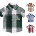 thumbnail image 1 of WhouRiu Boys Plaid Graphic Gentleman Shirts Back To School Short Sleeve Button Down Shirts Kids Fashion Comfortable Cute Summer Tops,6-9 Months, 1 of 5