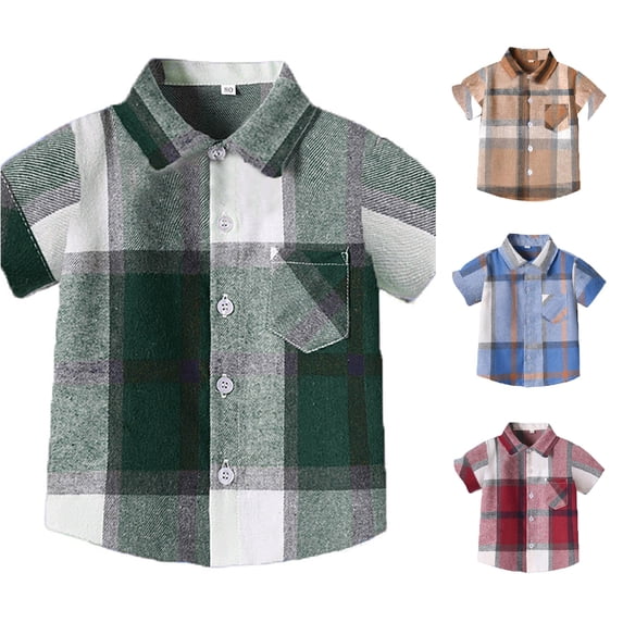 WhouRiu Boys Plaid Graphic Gentleman Shirts Back To School Short Sleeve Button Down Shirts Kids Fashion Comfortable Cute Summer Tops,6-9 Months