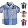 thumbnail image 1 of WhouRiu Boys Plaid Graphic Gentleman Shirts Back To School Short Sleeve Button Down Shirts Kids Fashion Comfortable Cute Summer Tops,9-12 Months, 1 of 5