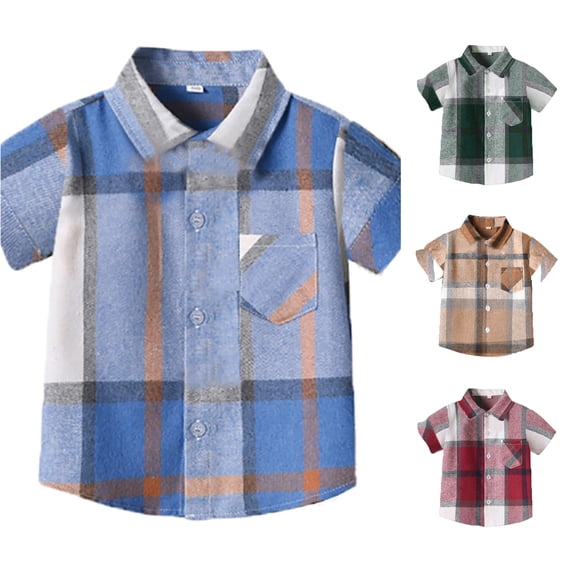 WhouRiu Boys Plaid Graphic Gentleman Shirts Back To School Short Sleeve Button Down Shirts Kids Fashion Comfortable Cute Summer Tops,9-12 Months