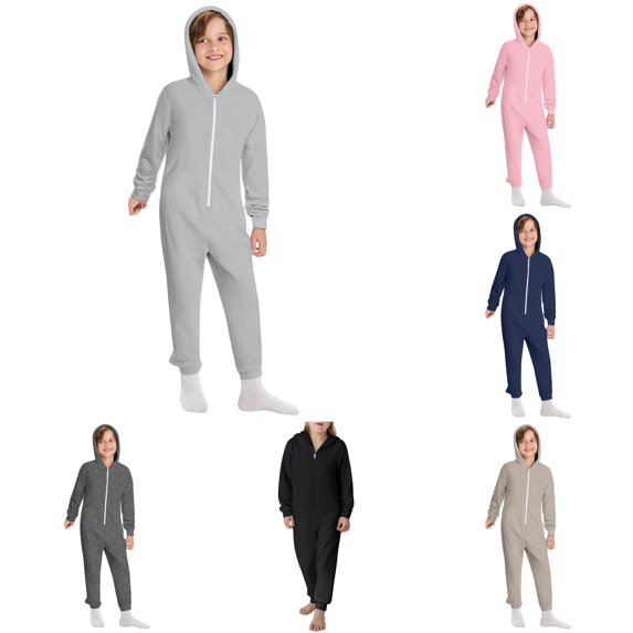 WhouRiu Boys Solid Color Jumpsuit Long Sleeve Zipper Hooded Romper Kids Autumn Winter Warm Cozy Fuzzy Homewear,9-10 Years