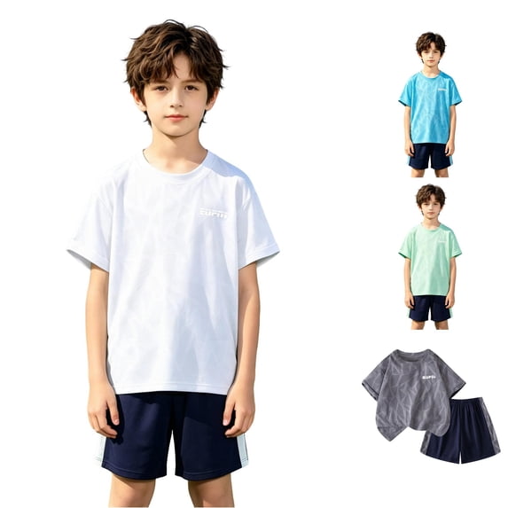 WhouRiu Boys Summer Athletic Outfits Short Sleeve Tees And Shorts Sets Kids Sports Clothes